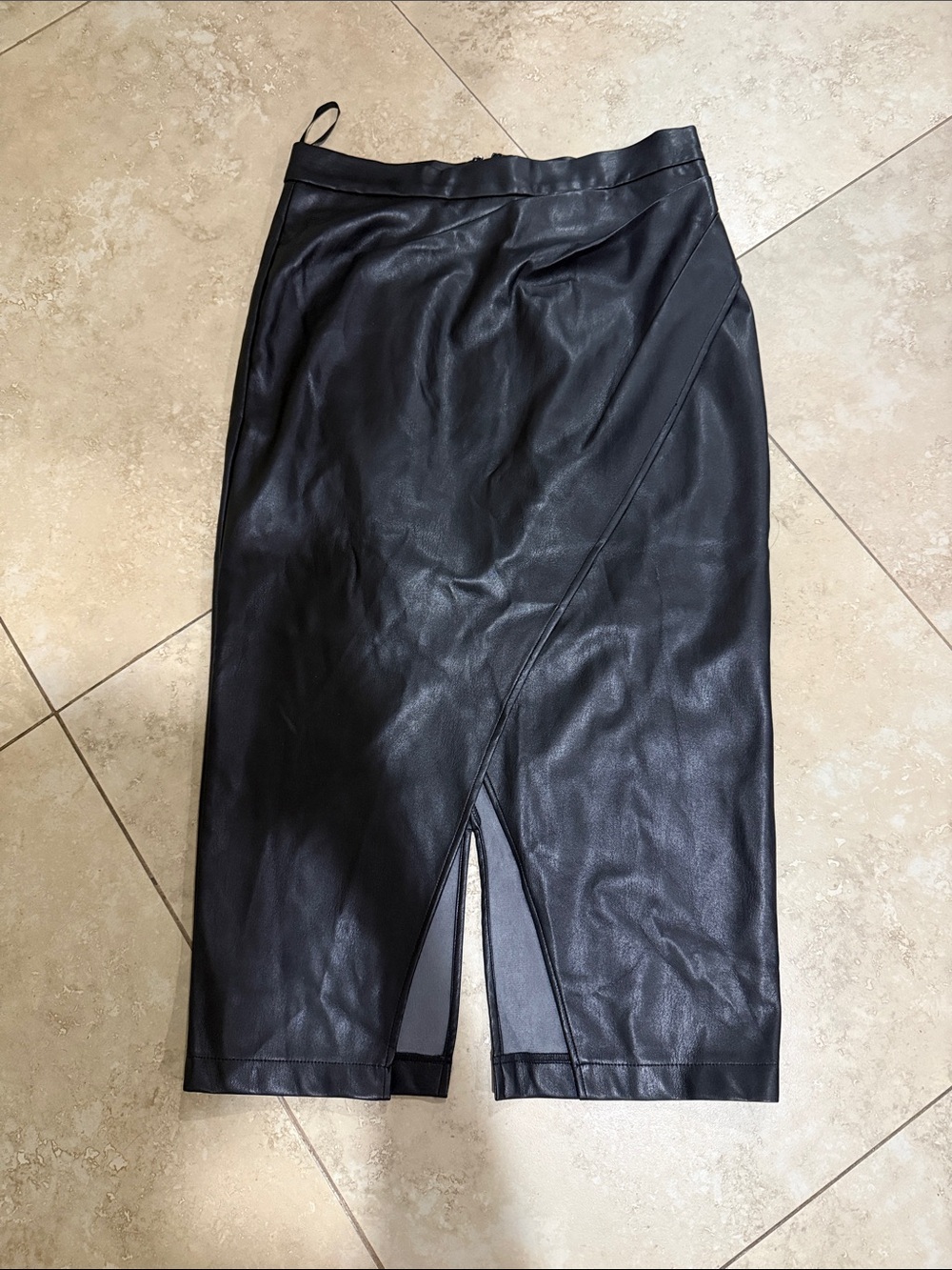 Tahari Black Faux Leather Midi Pencil Skirt with Front Vent